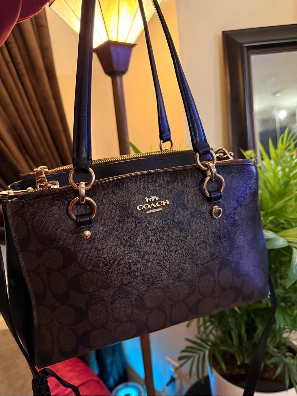 Coach Dark Brown Signature Shoulder Bag with Gold Hardware